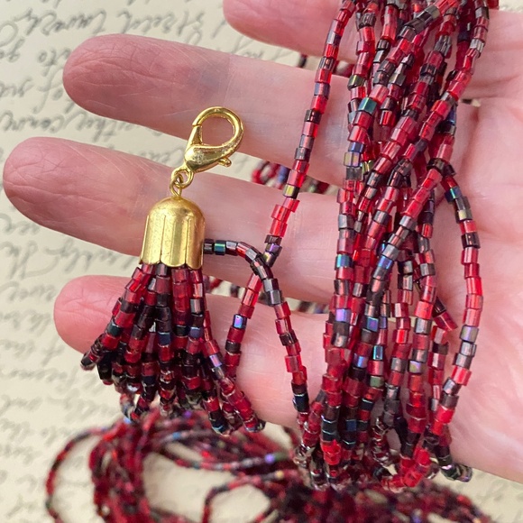 Glass Beads Necklace Red Burgundy Multi-Strand With Gold Tone Clasp - Picture 2 of 4
